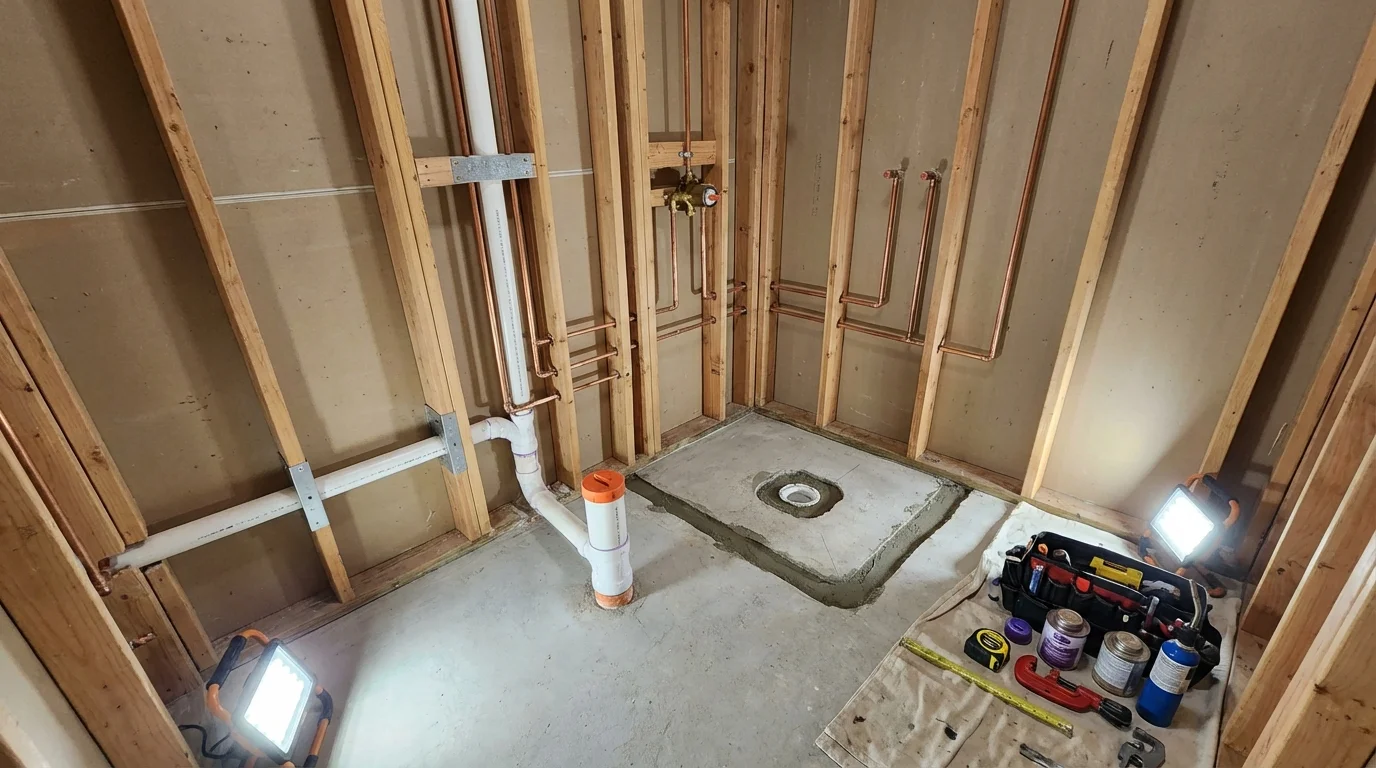 Bathroom rough-in plumbing during remodel by Johns Plumbing LLC in Cottonwood Falls