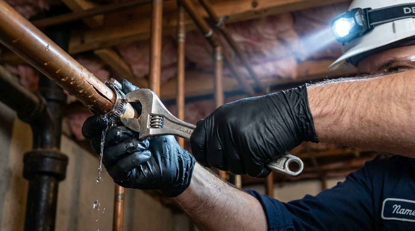 Emergency pipe clamp repair being performed by a Johns Plumbing LLC plumber in Cottonwood Falls