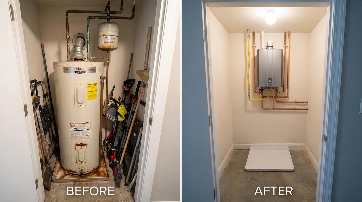 Tank water heater versus wall-mounted tankless unit comparison for Cottonwood Falls, KS homeowners