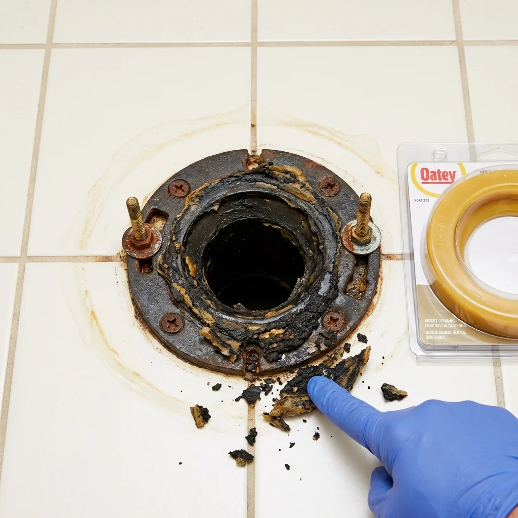 Failed wax ring showing water seepage at the base of a toilet in a Cottonwood Falls, KS home