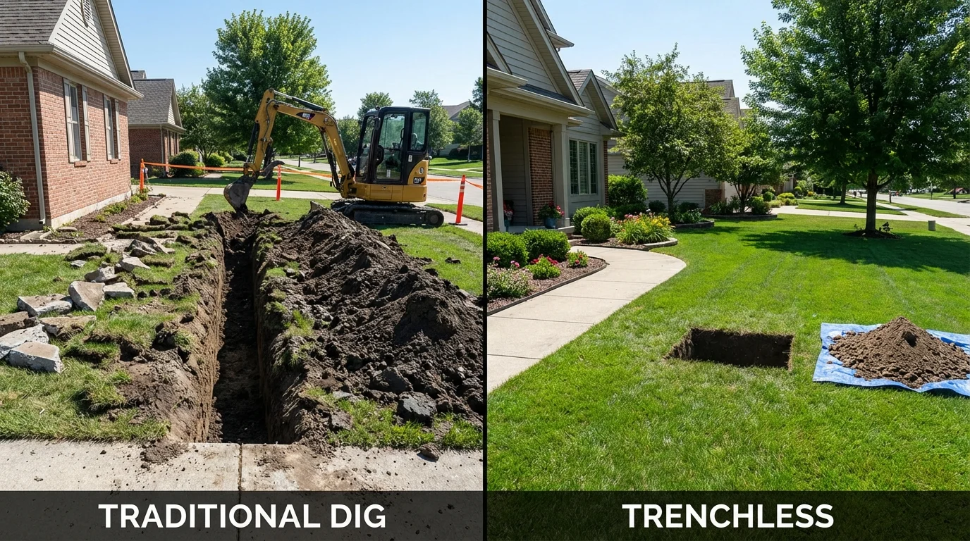 Trenchless sewer repair with minimal yard damage versus traditional excavation in Cottonwood Falls, KS