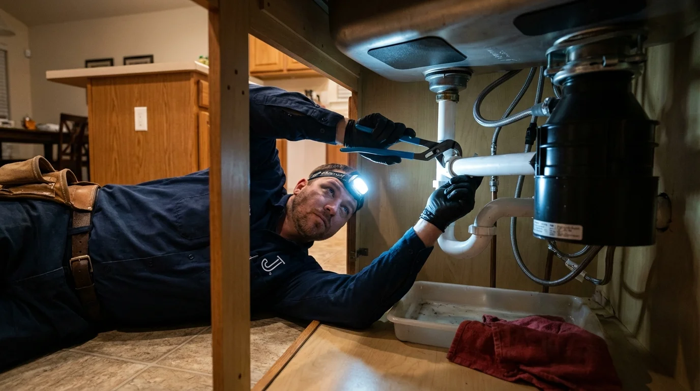 P-trap and supply line connections under a kitchen sink showing a common leak point in Cottonwood Falls, KS